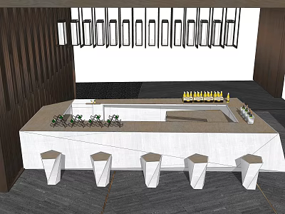 Modern Bar Counter With White Top Geometric Stools Plants And Hanging Lights 3d model