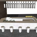 Modern Bar Counter With White Top Geometric Stools Plants And Hanging Lights