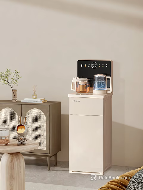 Modern Beige Home Water Dispenser With Control Panel Copper And Transparent Kettles On Cabinet 3d model 