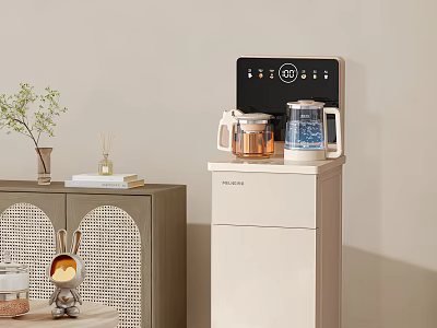 Modern Beige Home Water Dispenser With Control Panel Copper And Transparent Kettles On Cabinet 3d model