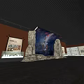 Museum Exhibition Hall With Rock Structures Large Backdrop Painting And Display Cases 3d model