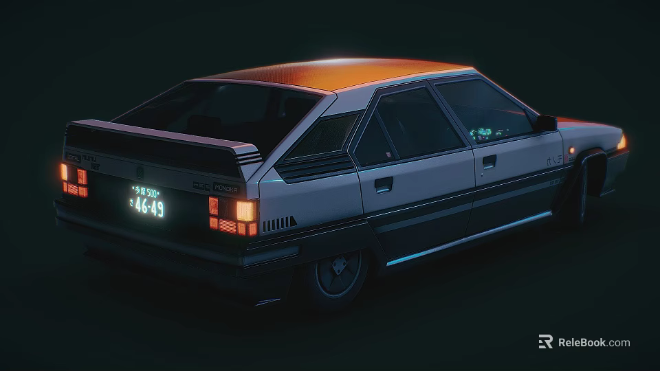 Classic Retro Hatchback Car With Orange Roof White Body And Neon Lights 3d model 