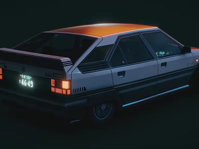 Classic Retro Hatchback Car With Orange Roof White Body And Neon Lights 3d model