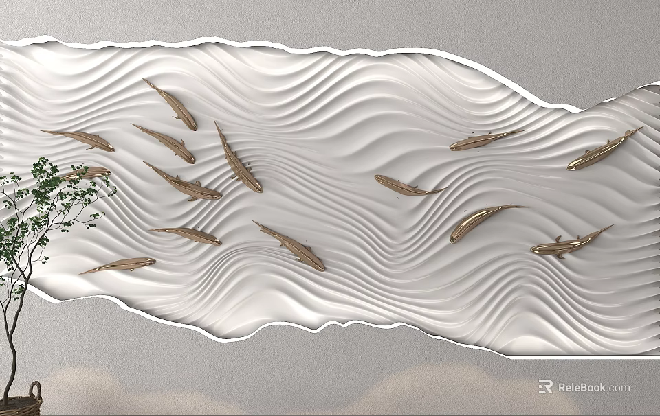 White Wavy Textured Background Wall With Golden Fish And Green Plants Decor 3d model 