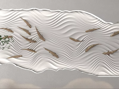 White Wavy Textured Background Wall With Golden Fish And Green Plants Decor 3d model