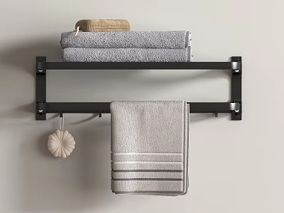 Wall Mounted Black Metal Towel Rack With Stacked And Hanging Gray Towels And Soap Bar 3d model