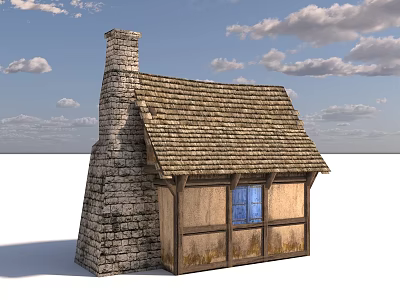 Ancient Building With Stone Chimney Tiled Roof Wooden Walls And Blue Window 3d model