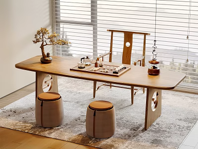 Wooden Tea Table and Chairs with Tea Set Small Plant Two Stools by Window Blinds 3d model