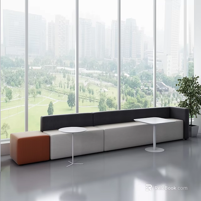 Modern Sectional Sofa with Large Windows and Park View in Bright Interior with Side Tables 3d model 