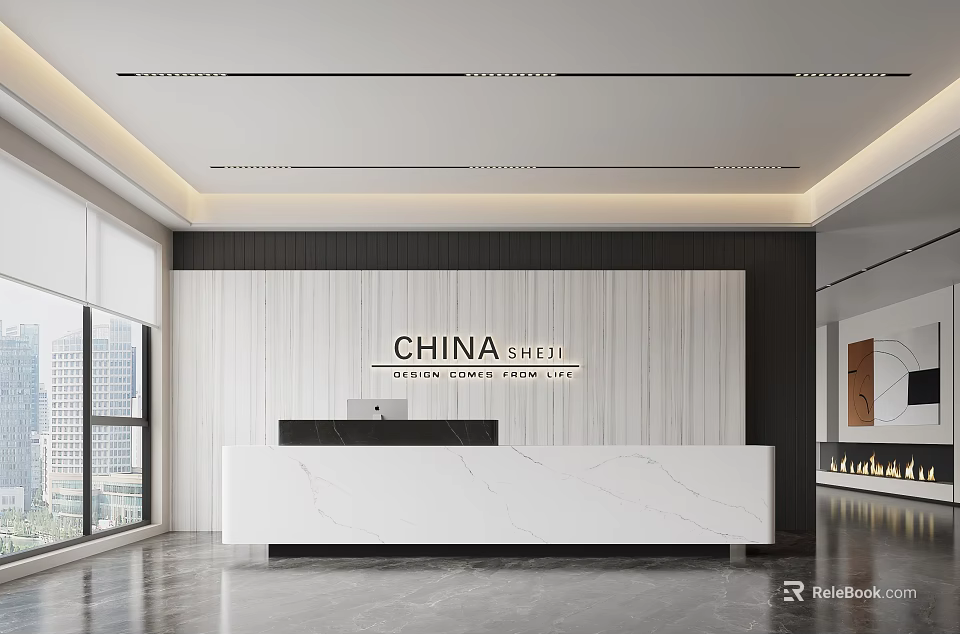 Modern Office Reception Desk With Marble Countertop And CHINA CIVIL Logo Wall 3d model 
