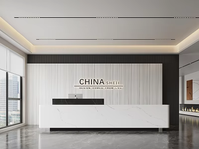 Modern Office Reception Desk With Marble Countertop And CHINA CIVIL Logo Wall 3d model