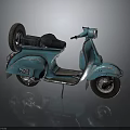 Vintage Blue Scooter With Black Seat Spare Tire And Worn Classic Design