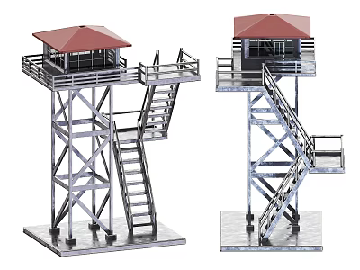 Two Metal Watchtower Structures With Red Roof Staircase And Platform Design 3d model