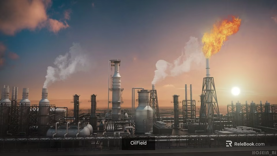 Industrial Oilfield Architecture With Tall Towers Pipes And Flaming Torch Under Sunset Sky 3d model 