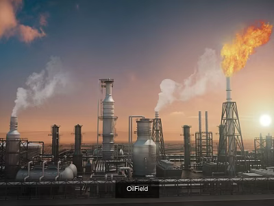 Industrial Oilfield Architecture With Tall Towers Pipes And Flaming Torch Under Sunset Sky 3d model