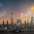 Industrial Oilfield Architecture With Tall Towers Pipes And Flaming Torch Under Sunset Sky