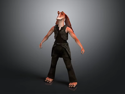 3D Anthropomorphic Character With Red Ears Animal Head And Dark Clothing Standing On Gray Background 3d model