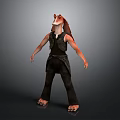3D Anthropomorphic Character With Red Ears Animal Head And Dark Clothing Standing On Gray Background