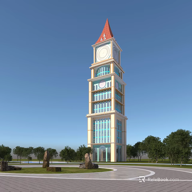 Tall Red Spire Clock Tower With Glass Windows And Surrounding Trees Under Blue Sky 3d model 
