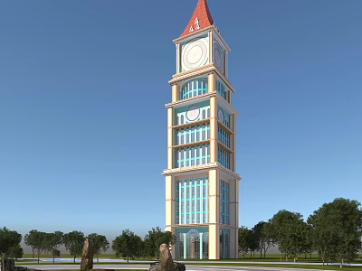 Tall Red Spire Clock Tower With Glass Windows And Surrounding Trees Under Blue Sky 3d model