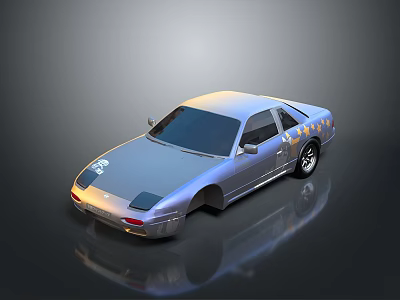 Shiny Silver Two Door Sports Car with Star Patterns and Reflection on Dark Background 3d model