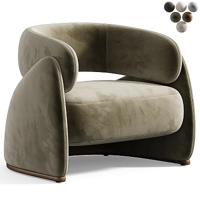 Modern Curved Arm Velvet Upholstered Gray Armchair With Wooden Base Design 3d model