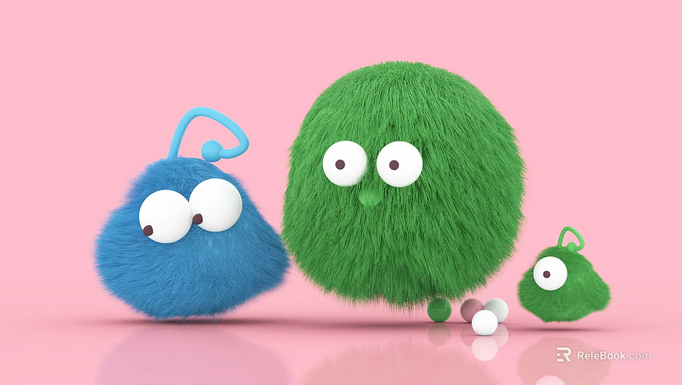 Fluffy Colorful Art Installation With Blue Green Characters Big Eyes Pink Background 3d model 