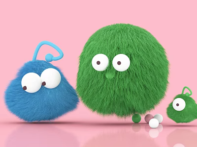 Fluffy Colorful Art Installation With Blue Green Characters Big Eyes Pink Background 3d model