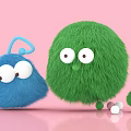 Fluffy Colorful Art Installation With Blue Green Characters Big Eyes Pink Background