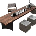 Solid Wood Tea Table with Rattan Chair Stone Stools and Tea Tray Setup 3d model