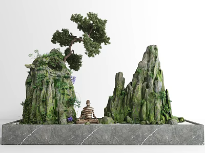 Garden Ornament With Rocky Mountains Small Pine Tree Purple Flowers And Moss Covered Surfaces 3d model