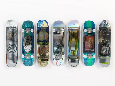 Multiple Colorful Skateboard Decks With Various Artistic Graphics And Designs 3d model