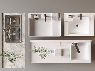 Modern White Washbasin Designs With Faucet Towel Holder And Decorative Fern Leaves 3d model