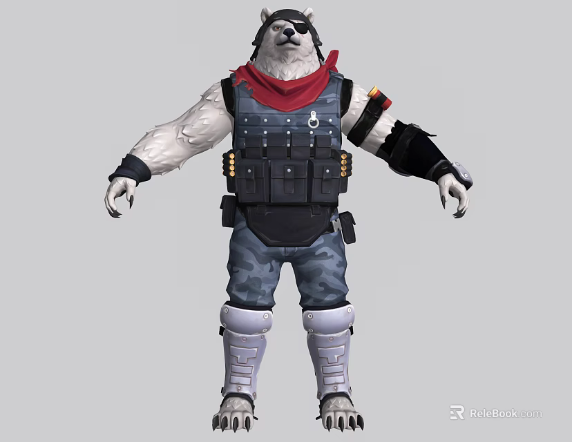Bear Like Game Movie Character With White Fur Red Scarf Tactical Vest And Camouflage Pants 3d model 