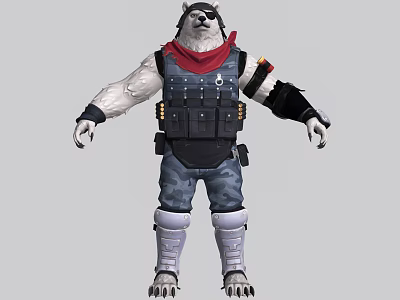 Bear Like Game Movie Character With White Fur Red Scarf Tactical Vest And Camouflage Pants 3d model