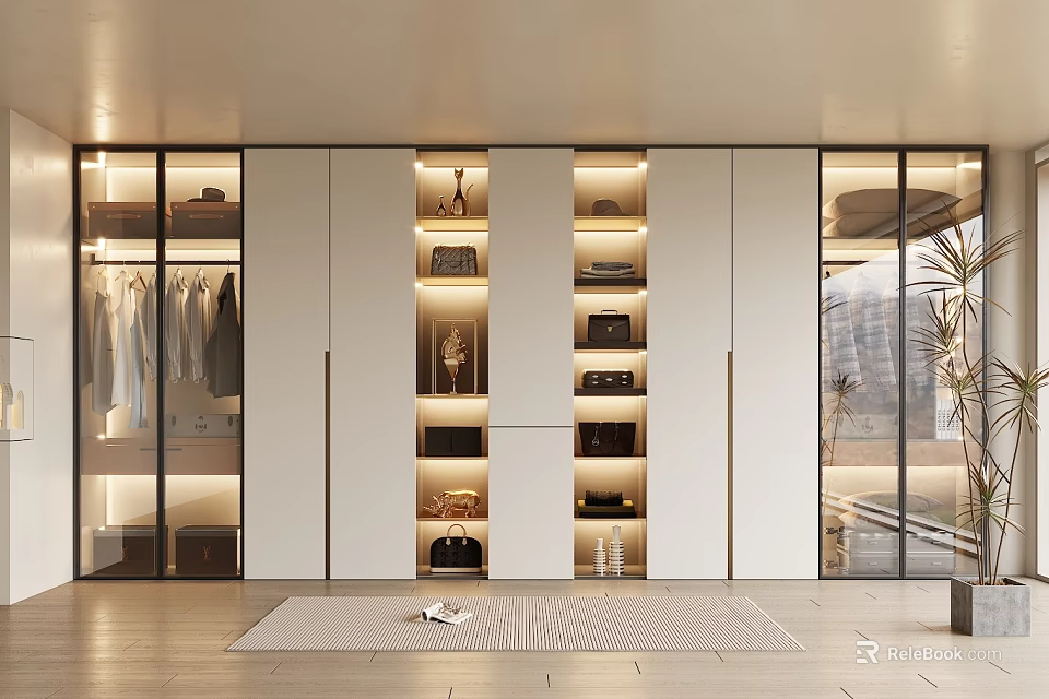 Elegant Modern Wardrobe Design With Glass Sliding Doors Interior Lighting And Organized Clothing Bags Storage 3d model 