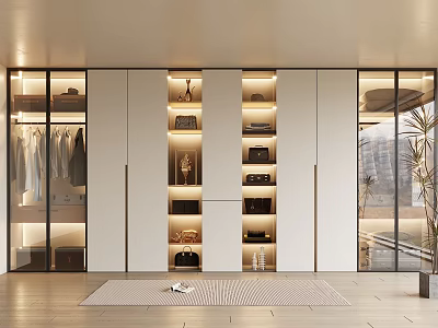 Elegant Modern Wardrobe Design With Glass Sliding Doors Interior Lighting And Organized Clothing Bags Storage 3d model