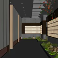 Modern Hotel Corridor Interior With Ceiling Lights Skylights Green Plants And Decorative Flowers