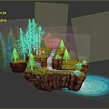 Floating Fantasy Island With Green Trees Waterfall Stream Grass And Blue Water
