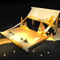 Scroll Shaped Stage on Water at Night with Mountain Decorations and Illuminated Path