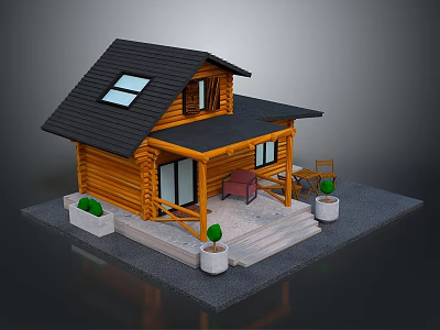 Wooden Log Cabin with Black Roof Skylight Front Porch Chairs Table and Potted Plants 3d model