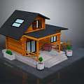 Wooden Log Cabin with Black Roof Skylight Front Porch Chairs Table and Potted Plants