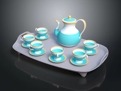 Elegant Blue And White Tea Set With Teapot Teacups Saucers Gold Accents On Gray Tray 3d model