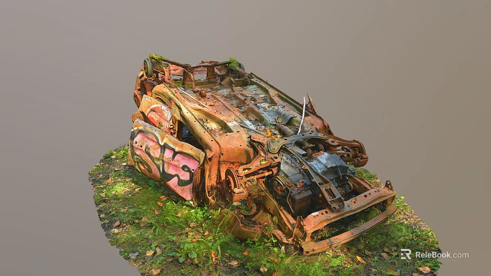 Abandoned Rusted Car With Graffiti Wrecked Body Surrounded By Grass And Fallen Leaves 3d model 