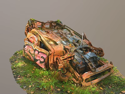 Abandoned Rusted Car With Graffiti Wrecked Body Surrounded By Grass And Fallen Leaves 3d model