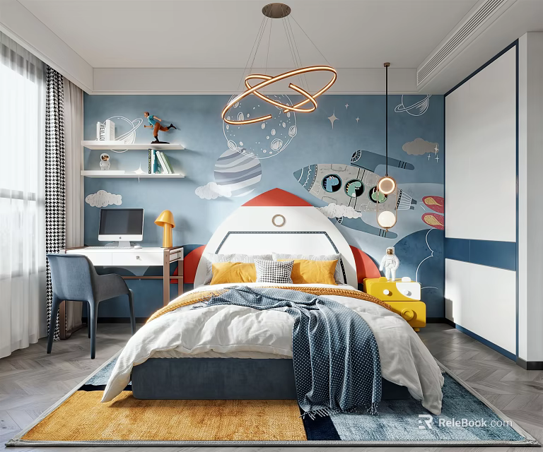 Kids Room Interior Design With Rocket Wall Mural Starry Sky Headboard Desk And Pendant Lights 3d model 