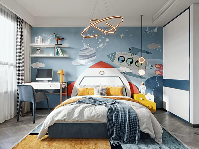 Kids Room Interior Design With Rocket Wall Mural Starry Sky Headboard Desk And Pendant Lights 3d model