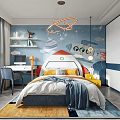 Kids Room Interior Design With Rocket Wall Mural Starry Sky Headboard Desk And Pendant Lights