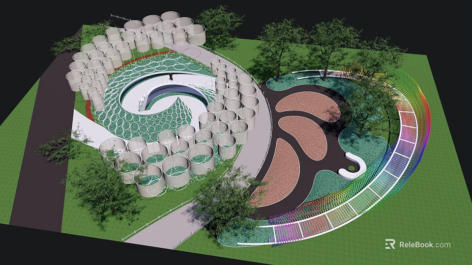Contemporary Garden Landscape Featuring Spiral Path White Cylindrical Structures Green Lawns And Trees 3d model 