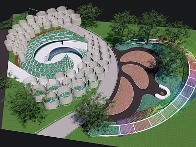 Contemporary Garden Landscape Featuring Spiral Path White Cylindrical Structures Green Lawns And Trees 3d model